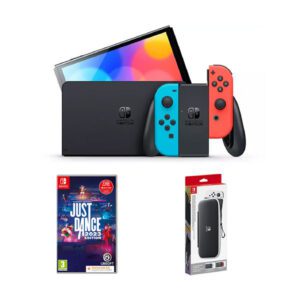 Nintendo Switch OLED model Neon Red/Neon Blue set & Just Dance 2023 Code In A Box & Switch Carrying Case & Screen Protector