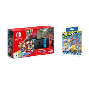 Nintendo Switch Red & Blue & Mario Kart 8 Deluxe & 3 Months Online Membership & Animal Kart Racer & Steering Wheel Bundle