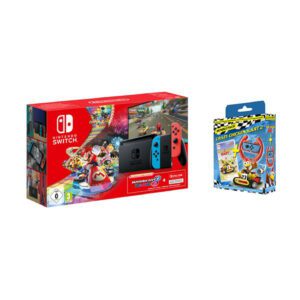 Nintendo Switch Red&Blue & Mario Kart 8 Deluxe & 3 Months Online Membership & Crazy Chicken Kart 2 & Steering Wheel Bundle