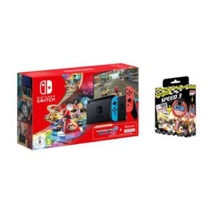 Nintendo Switch Red & Blue & Mario Kart 8 Deluxe & 3 Months Online Membership & Speed 3 & Steering Wheel Bundle