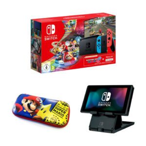 Nintendo Switch Red & Blue & Mario Kart 8 Deluxe & 3 Months Online Membership & Hori Premium Vault Case Mario for Nintendo Switch & Hori Playstand Switch